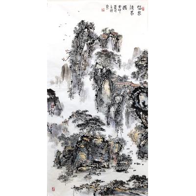 《临泉读易图》孙晋凯作品 水墨山水画 竖幅139x69cm