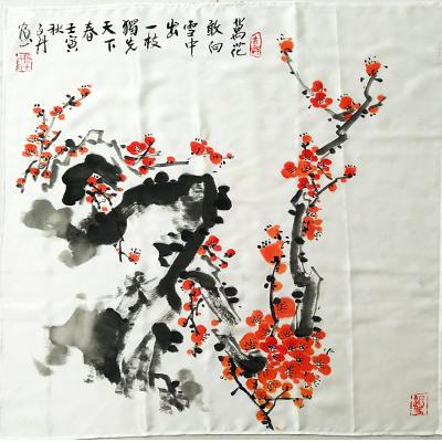 《红梅》孙晋凯作品 丝绸画画 70x70cm（已售）