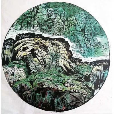 《绿风》56X56cm 套色木刻皮宣软片 国富作品