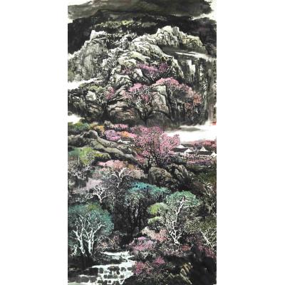 《春风送暖桃花开》6尺 手工装裱画轴 国富作品