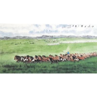 《呼伦贝尔大草原》郭家增作品 国画大六尺 90X180cm