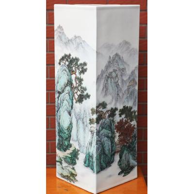 《平地数峰如画屏》汪锋陶瓷作品 粉彩 四方镶器 高60cm宽20cm宽20cm