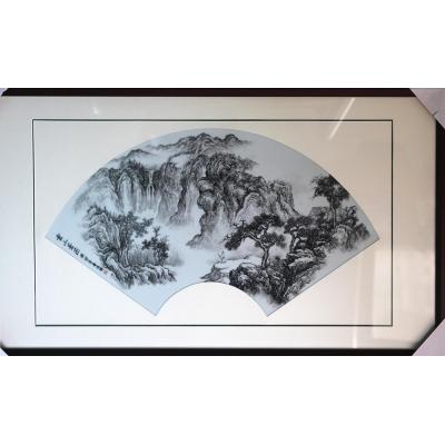 《云山苍茫》汪锋瓷板画作品 墨彩 扇形 板长80cm宽43cm