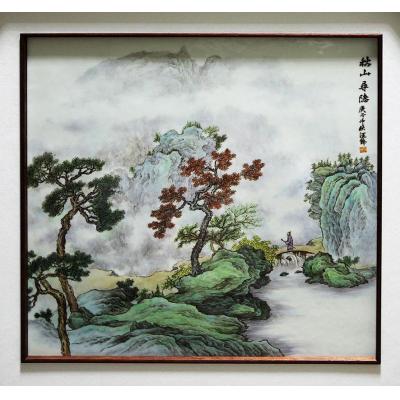 《秋山寻隐》汪锋瓷板画作品 粉彩 方板长51cm宽51cm